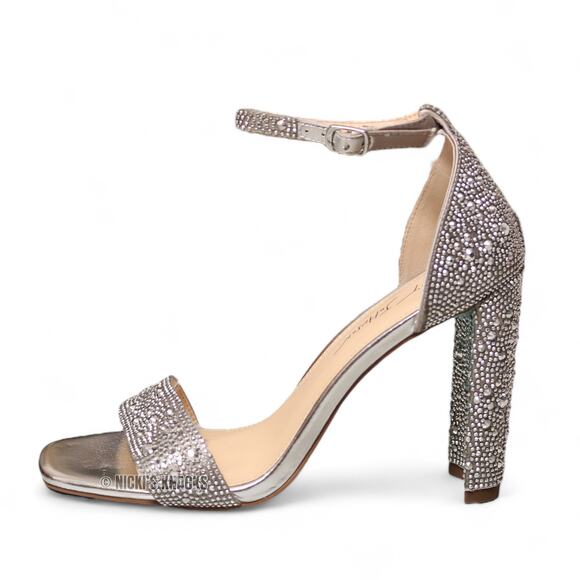 Betsey Johnson Rina Silver Rhinestone Crystal Block Heel Sandals Size 9 - Picture 1 of 10